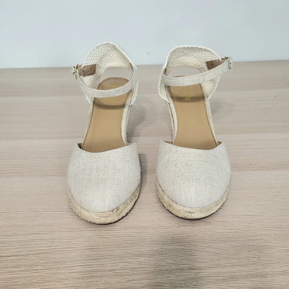 J Crew Espadrille Wedge Sandals Ankle Strap Ivory Cream Heels Jute Buckle 7.5